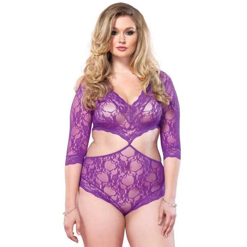 Deep v Lace Cutout Teddy - Queen Size - Purple