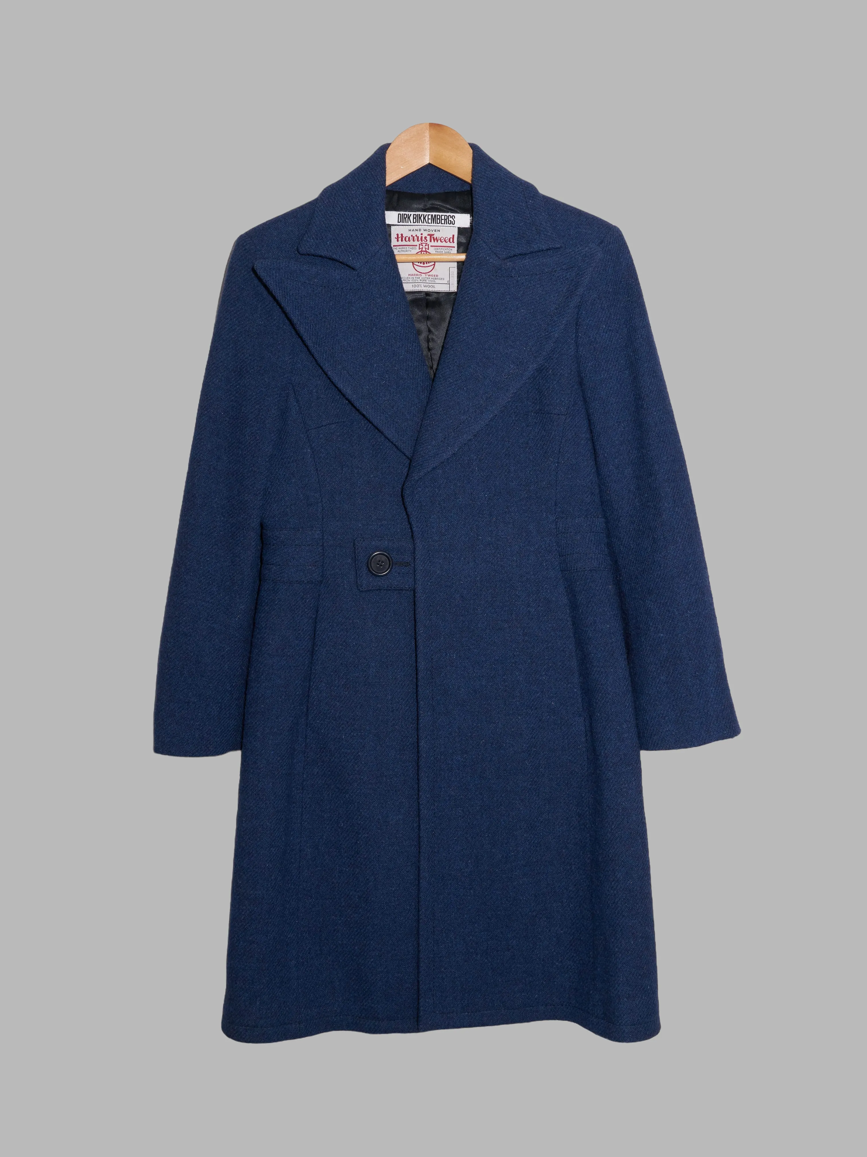 Dirk Bikkembergs 1990s dark blue wool Harris Tweed coat with large peak lapels