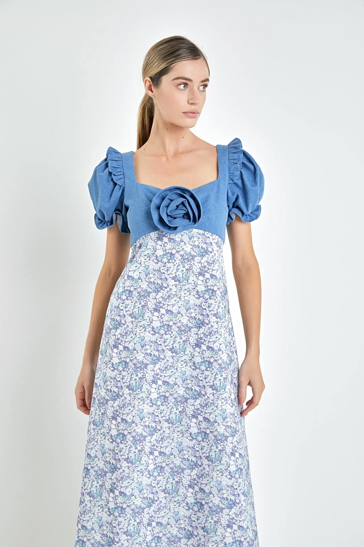 English Factory - Denim Combo Floral Print Maxi Dress