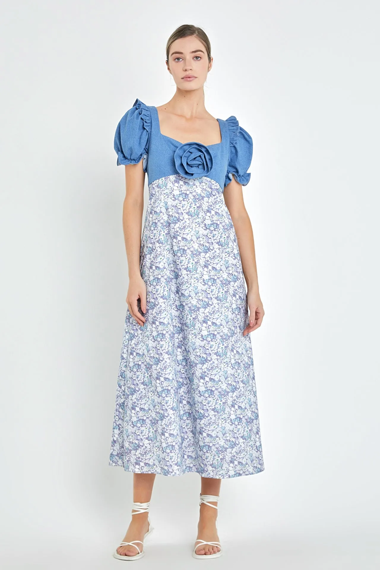 English Factory - Denim Combo Floral Print Maxi Dress