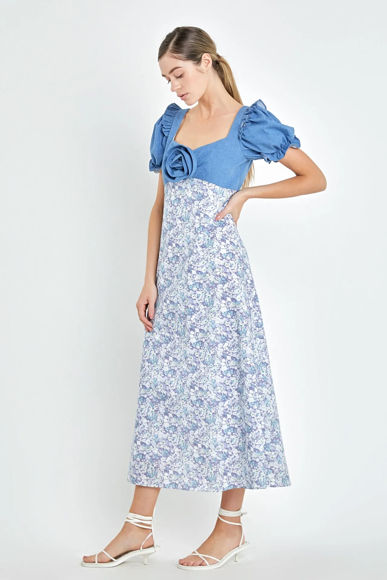 English Factory - Denim Combo Floral Print Maxi Dress