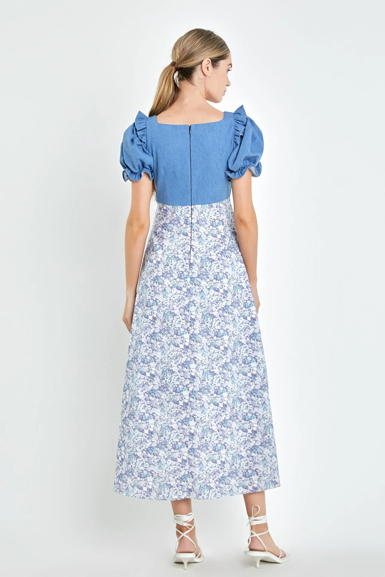 English Factory - Denim Combo Floral Print Maxi Dress