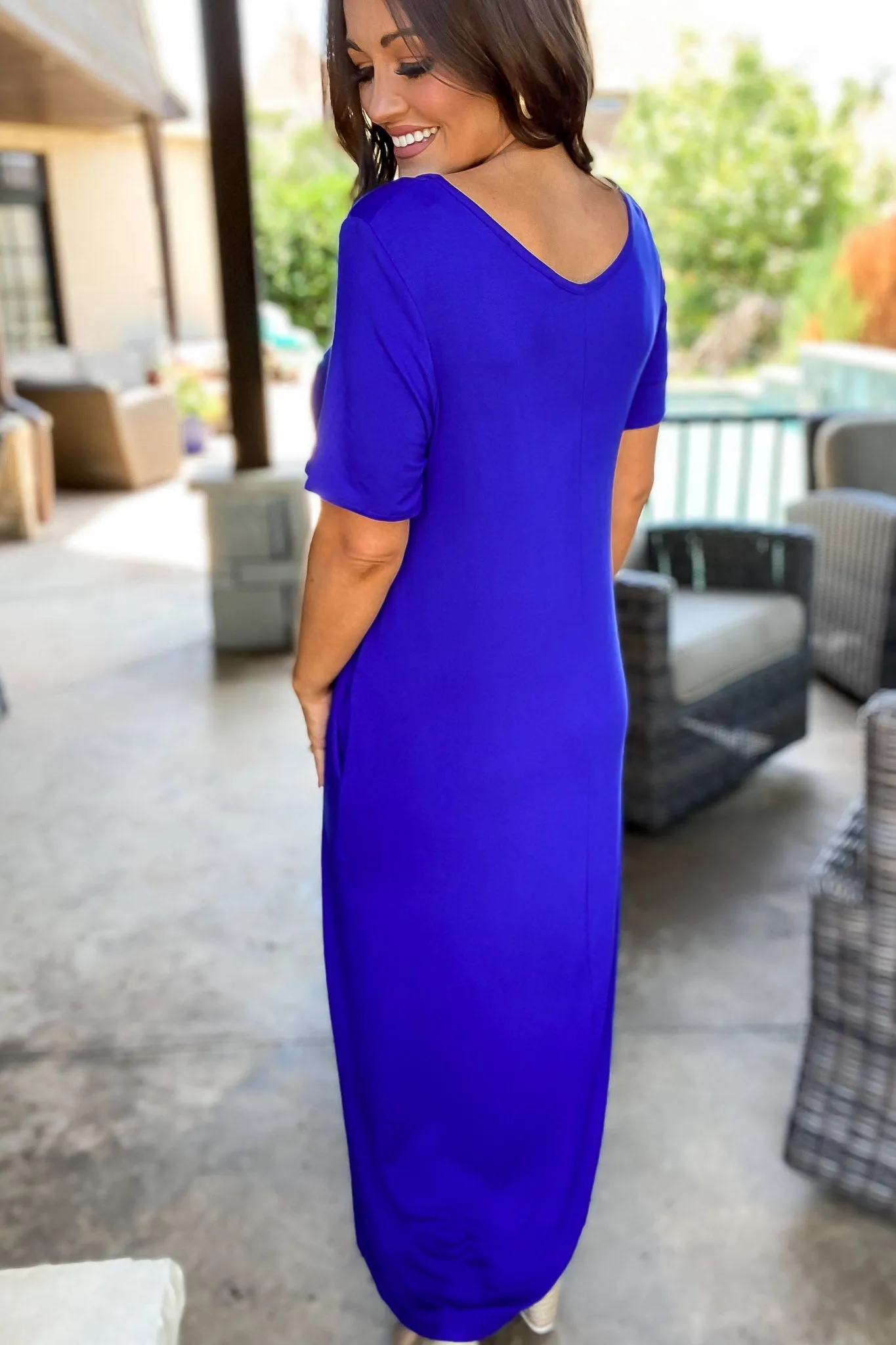 Enjoy The Day Royal Blue Basic Short Sleeve V Neck Maxi Dress