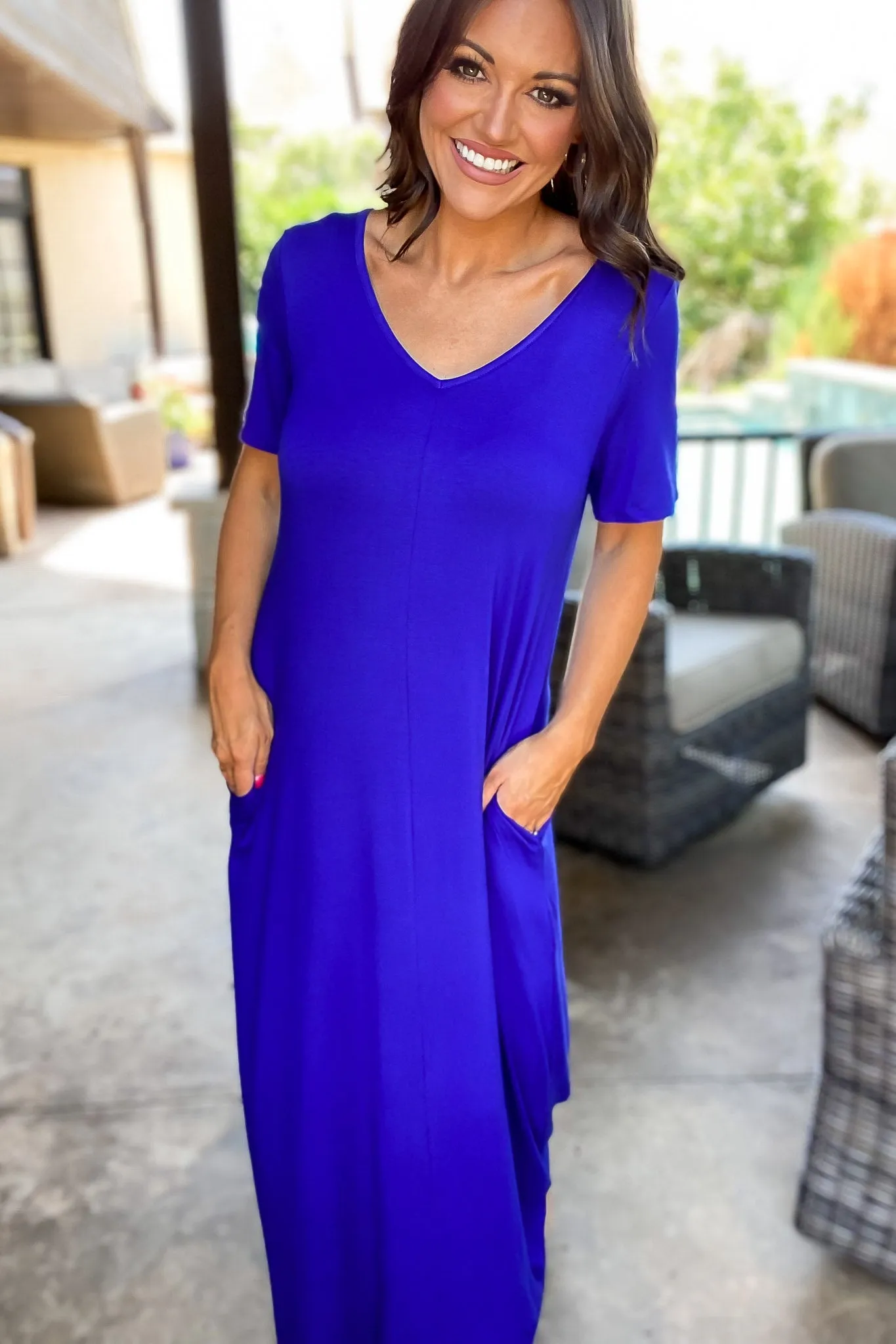 Enjoy The Day Royal Blue Basic Short Sleeve V Neck Maxi Dress