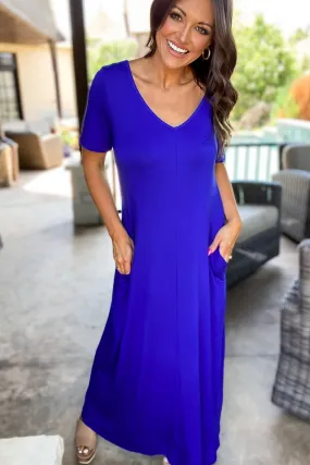 Enjoy The Day Royal Blue Basic Short Sleeve V Neck Maxi Dress