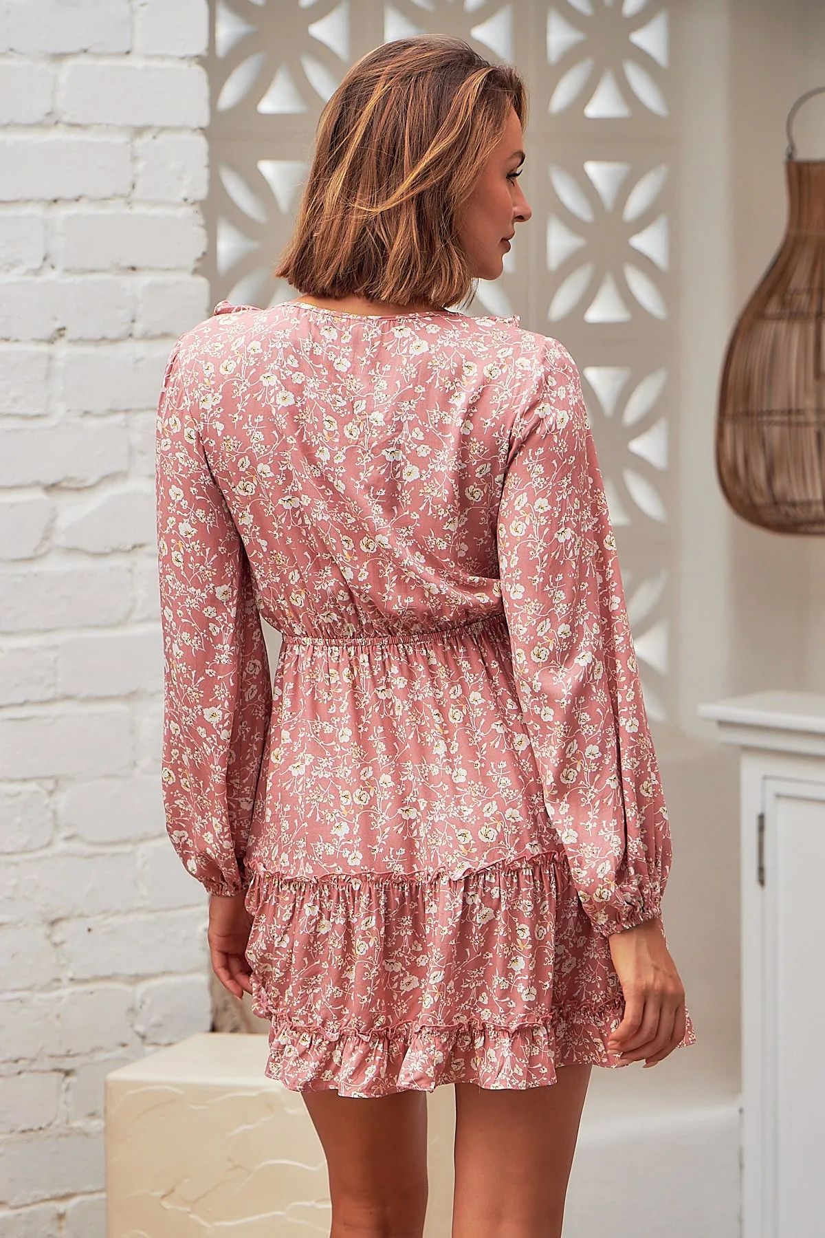 Escend L/Sleeve Pink Floral Tie Front Frill Dress