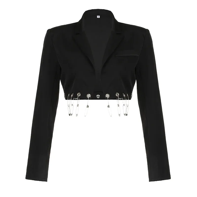 Fashion Design Black Blazer Jacket Cropped Cardigan Elegant Eyelet Pins Autumn Coat Female Punk Grunge Chic Jackets