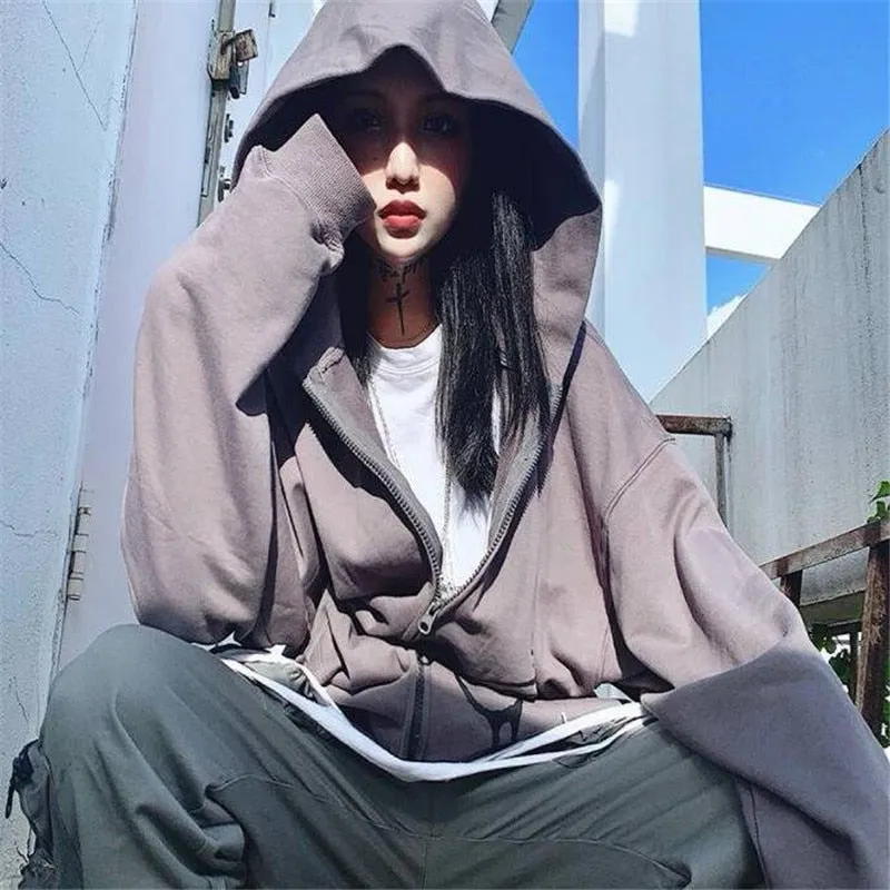 Fashionkova  Emo Gothic Hoodie Women Korean Anime Print Long Sleeve Zip Up Tracksuit Cotton Streetwear Oversized Hip Hop Coat Grunge Clothes