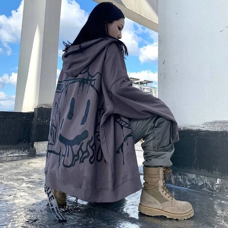 Fashionkova  Emo Gothic Hoodie Women Korean Anime Print Long Sleeve Zip Up Tracksuit Cotton Streetwear Oversized Hip Hop Coat Grunge Clothes