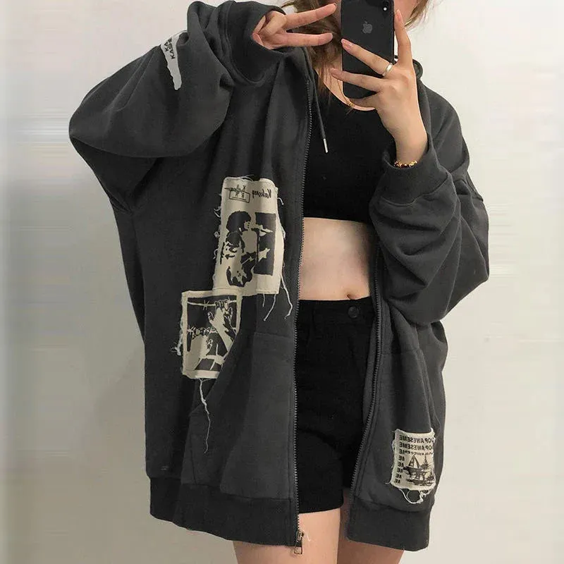 Fashionkova Harajuku E-girl Gothic Dark Academia Sweatshirts Grunge Punk Letter Wings Graphic Zip Up Hoodie Y2K Aesthetic Mall Goth Coat