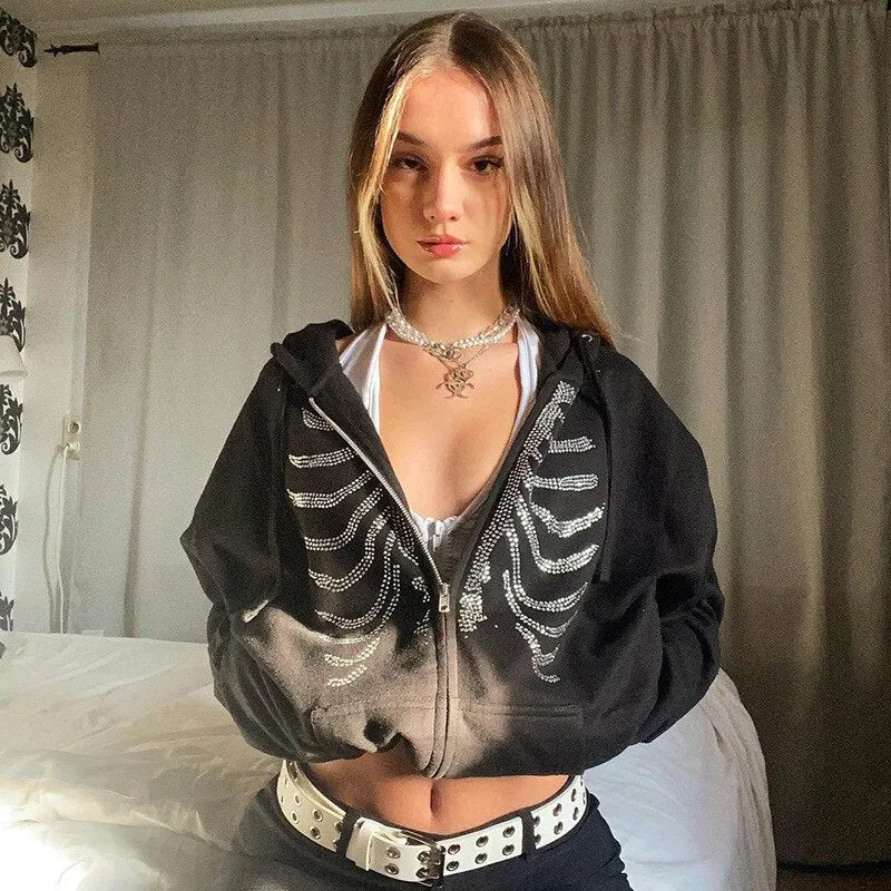 Fashionkova  Streetwear Hoodies Women Hip Hop Sweatshirt Angel Dark Print Jacket Coat Goth Harajuku Y2K Clothes Zip Up Hoodie Punk Outwear