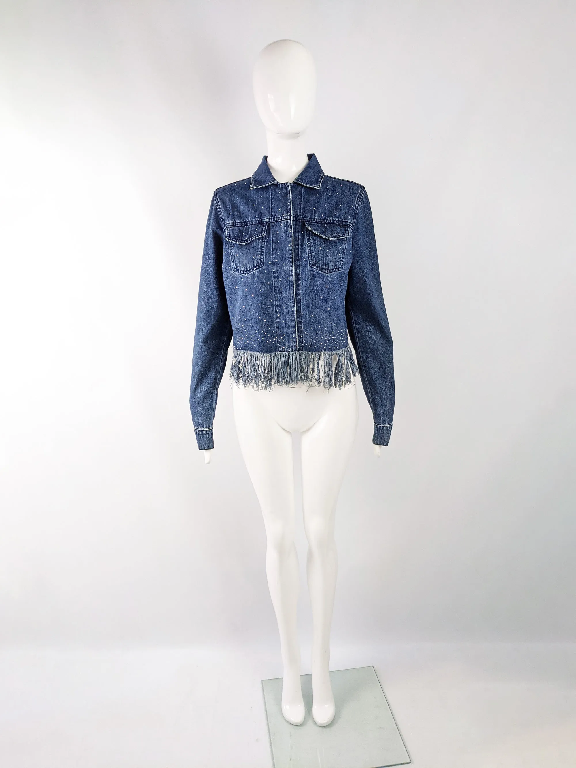 Fendi Vintage Womens Y2K Rhinestone Frayed Fringed Denim Jacket, 1990s