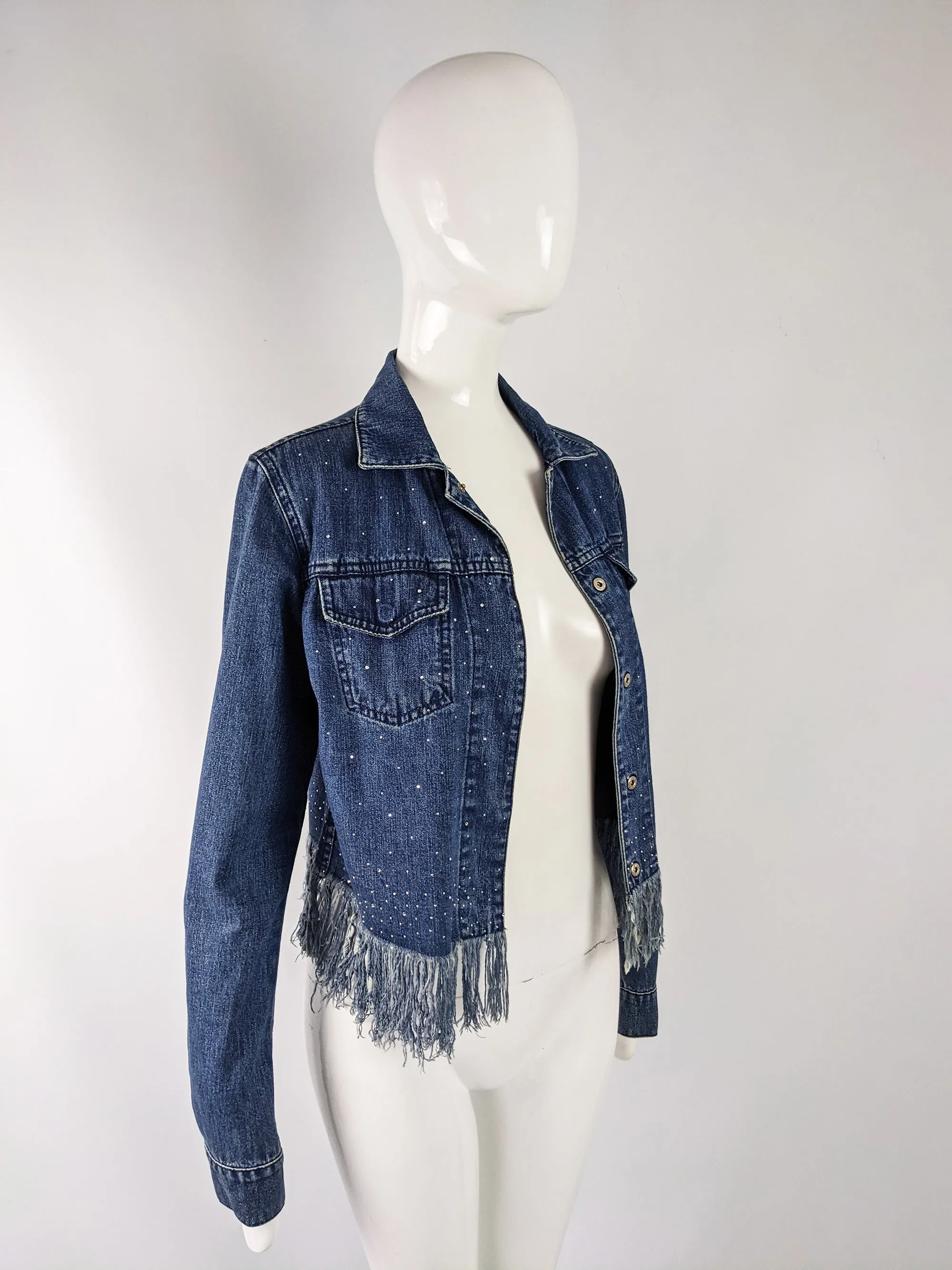 Fendi Vintage Womens Y2K Rhinestone Frayed Fringed Denim Jacket, 1990s