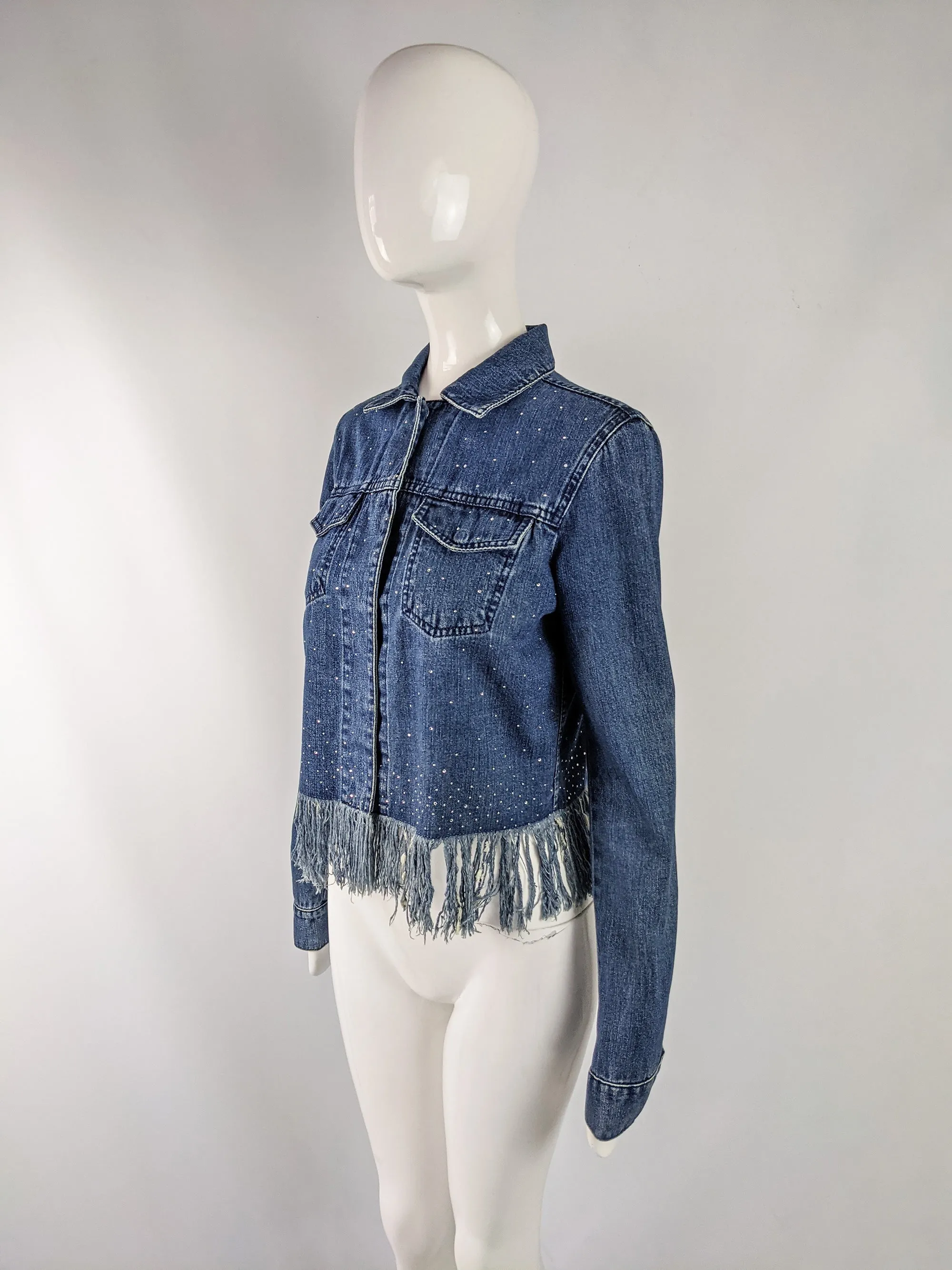 Fendi Vintage Womens Y2K Rhinestone Frayed Fringed Denim Jacket, 1990s