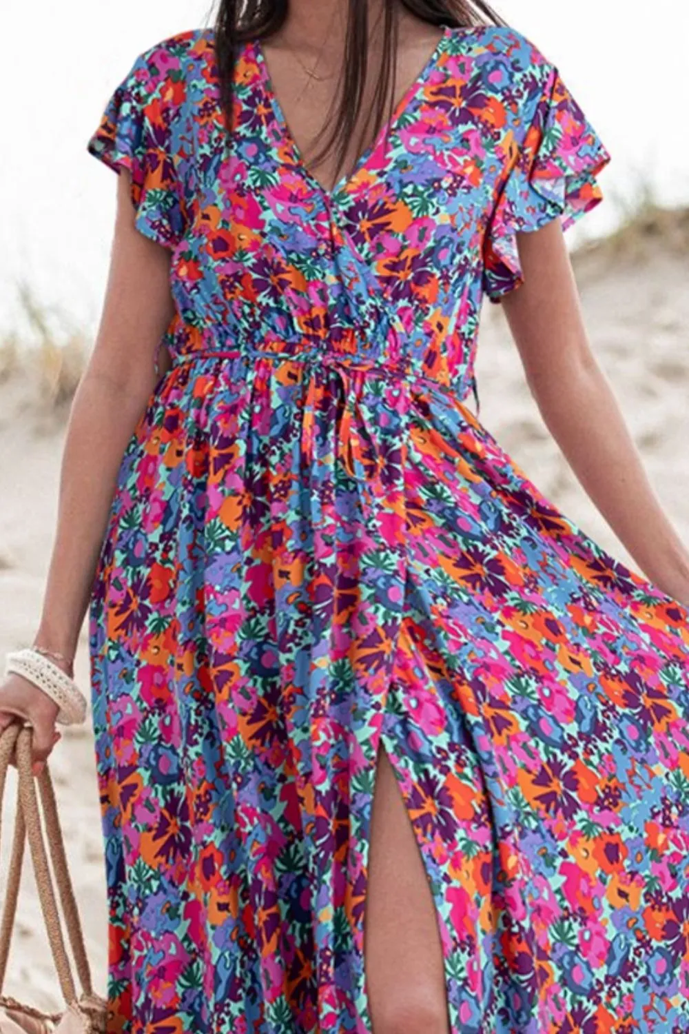 Flowing Floral Long Cap Sleeve Beach Maxi Dress