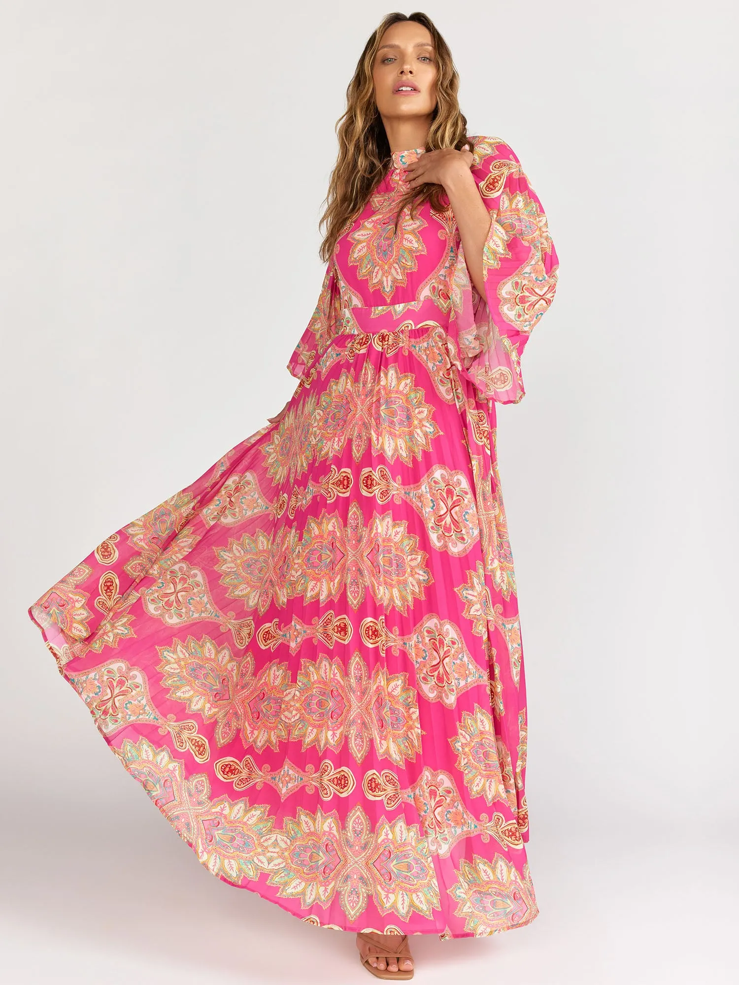 Flying Tomato Bell Sleeve Medallion Print Pleated Maxi Dress - Brands We Love