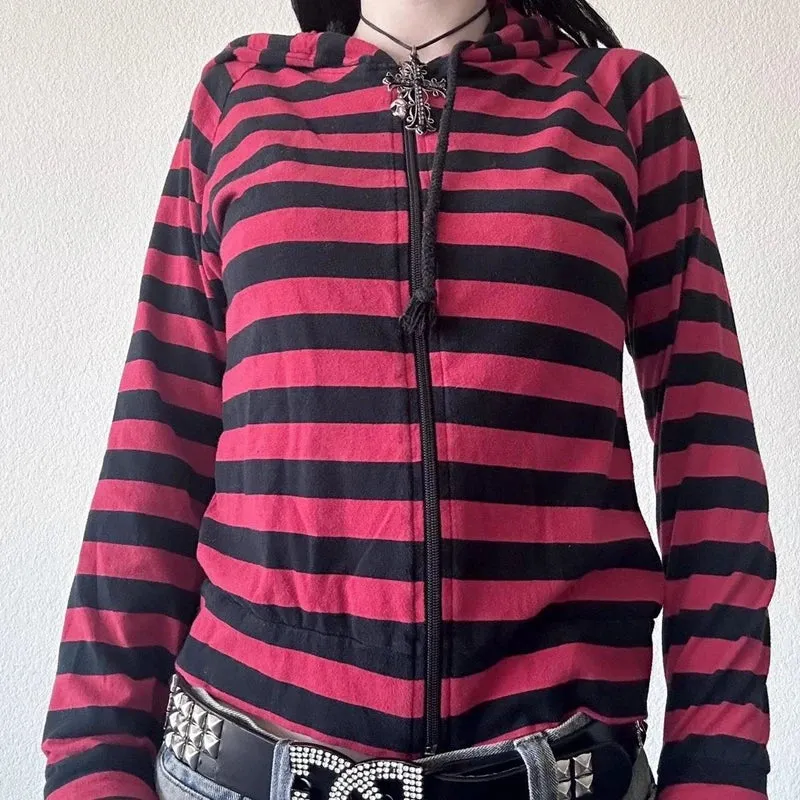 Flytonn-Fall Outfits Gothic Style  Outwear Streetwear y2k 90s Fashion Y2K Grunge Cyber Scene Striped Zip Up Hoodies E-girl Gothic Emo Mall Goth Sweatshirts 2000s Retro Harajuku Jackets Coat Outfits