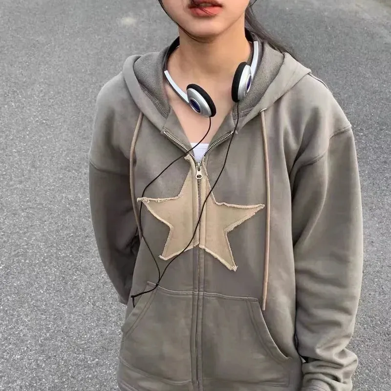 Flytonn-Fall Outfits Gothic Style  Outwear Streetwear y2k 90s Fashion Y2K Vintage Star Patched Zip Up Hoodies 2000s Retro Harajuku Grunge Sweatshirt Korean Fashion Autumn Spring Outerwear Coat