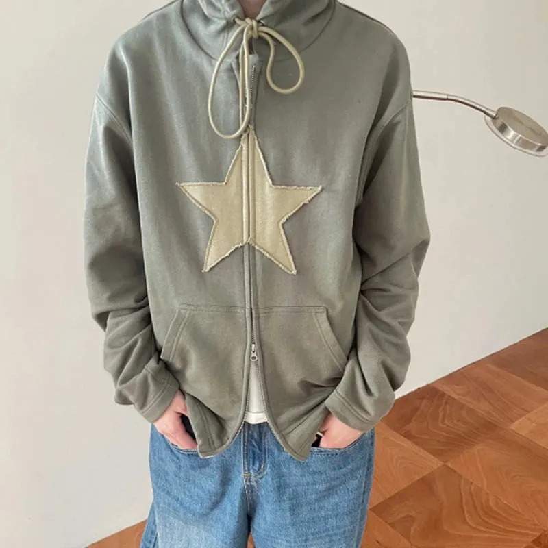 Flytonn-Fall Outfits Gothic Style  Outwear Streetwear y2k 90s Fashion Y2K Vintage Star Patched Zip Up Hoodies 2000s Retro Harajuku Grunge Sweatshirt Korean Fashion Autumn Spring Outerwear Coat