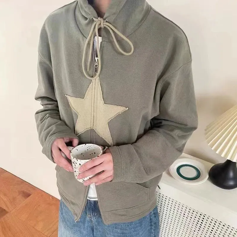 Flytonn-Fall Outfits Gothic Style  Outwear Streetwear y2k 90s Fashion Y2K Vintage Star Patched Zip Up Hoodies 2000s Retro Harajuku Grunge Sweatshirt Korean Fashion Autumn Spring Outerwear Coat