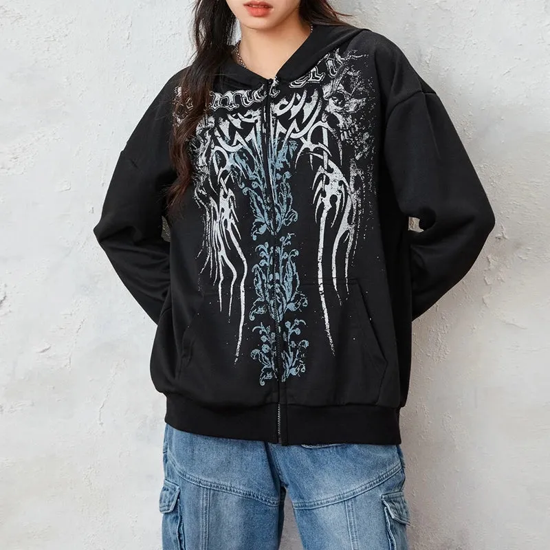 Flytonn-Flytonn-Fall Outfits Gothic Style  Outwear Streetwear y2k 90s Fashion 00s Retro Cyber Y2K Sweatshirt Wings Graphic Print Zip Up Hoodie Grunge Emo Goth Jacket Coat Women Men Aesthetic Streetwear