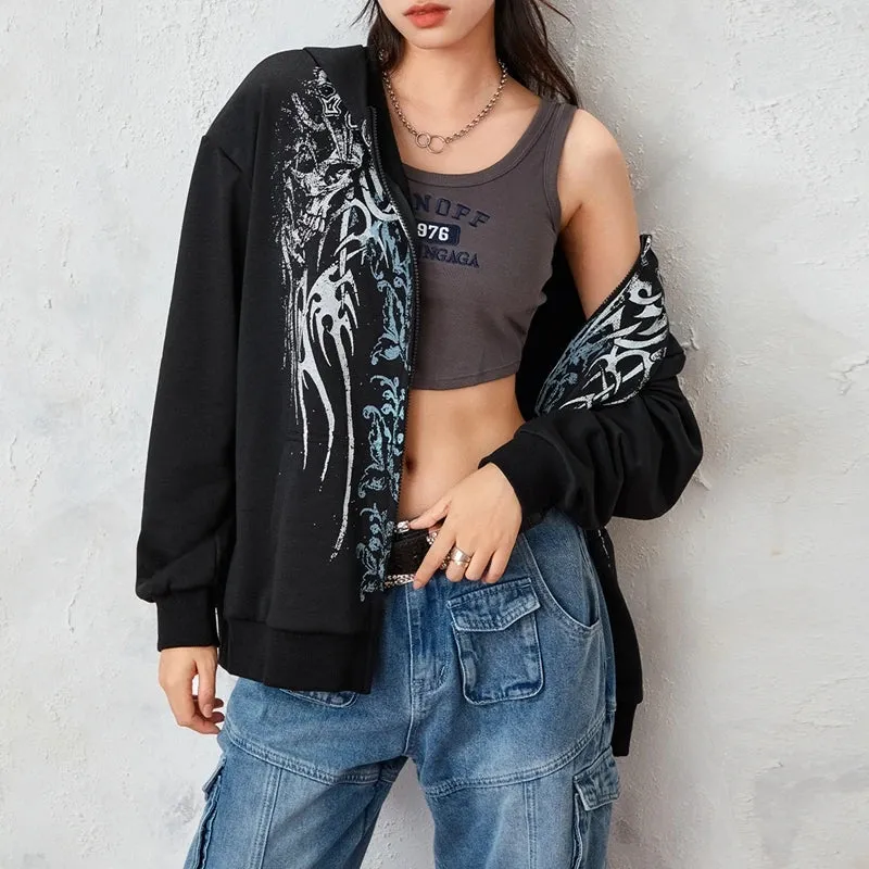 Flytonn-Flytonn-Fall Outfits Gothic Style  Outwear Streetwear y2k 90s Fashion 00s Retro Cyber Y2K Sweatshirt Wings Graphic Print Zip Up Hoodie Grunge Emo Goth Jacket Coat Women Men Aesthetic Streetwear