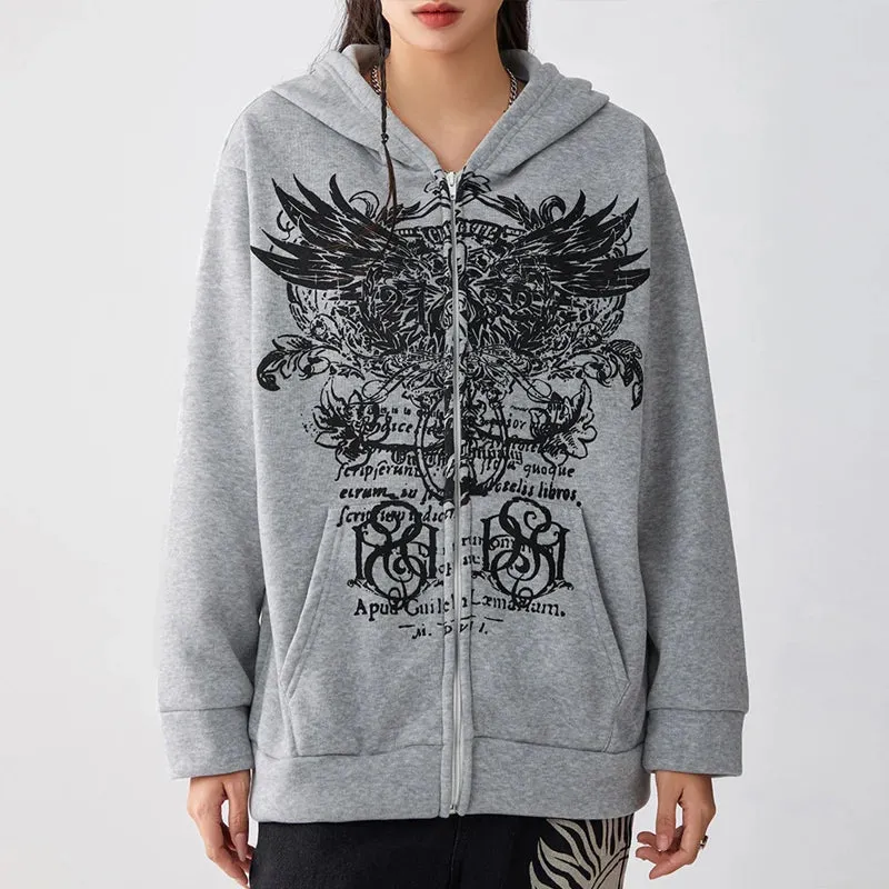 Flytonn-Flytonn-Fall Outfits Gothic Style  Outwear Streetwear y2k 90s Fashion 00s Retro Cyber Y2K Sweatshirt Wings Graphic Print Zip Up Hoodie Grunge Emo Goth Jacket Coat Women Men Aesthetic Streetwear