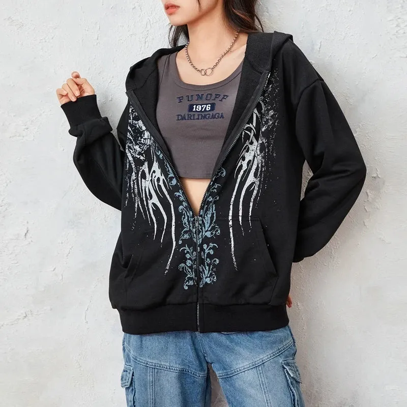 Flytonn-Flytonn-Fall Outfits Gothic Style  Outwear Streetwear y2k 90s Fashion 00s Retro Cyber Y2K Sweatshirt Wings Graphic Print Zip Up Hoodie Grunge Emo Goth Jacket Coat Women Men Aesthetic Streetwear