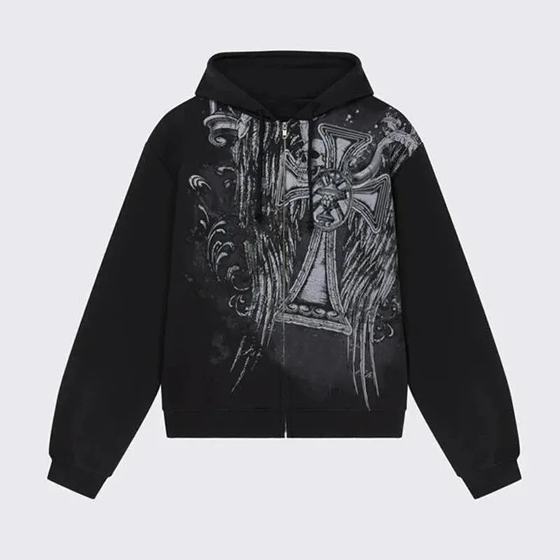 Flytonn-Women Hoodie Graphics Star Print Contrast Color Long Sleeve Sweatshirt Cool Street Zip Up Jacket Outwear Cyber Grunge Coat