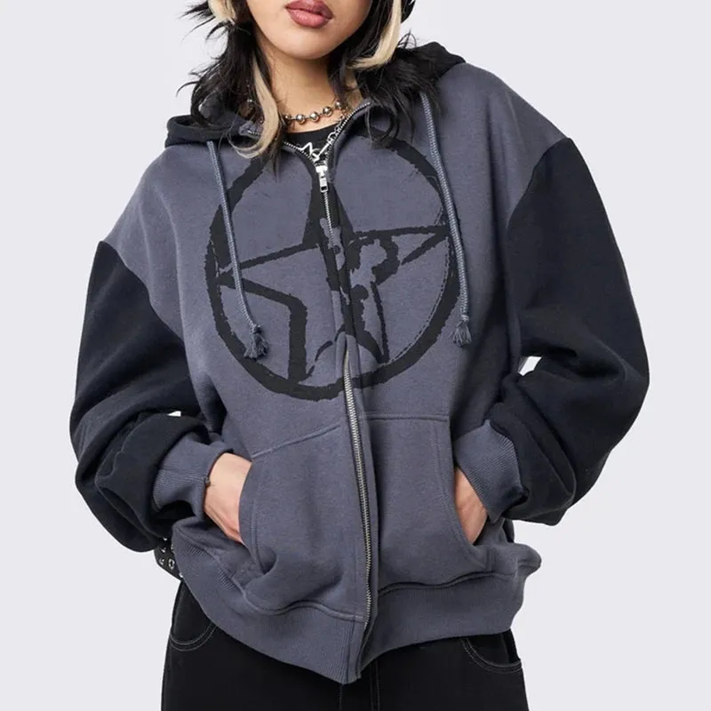 Flytonn-Women Hoodie Graphics Star Print Contrast Color Long Sleeve Sweatshirt Cool Street Zip Up Jacket Outwear Cyber Grunge Coat