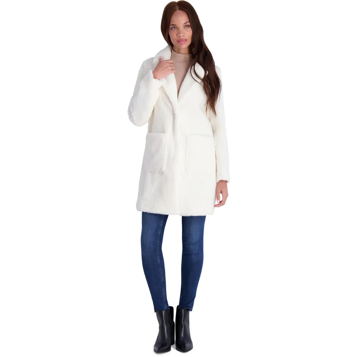 French Connection Women's Faux Shearling Teddy Lapel Midi Coat