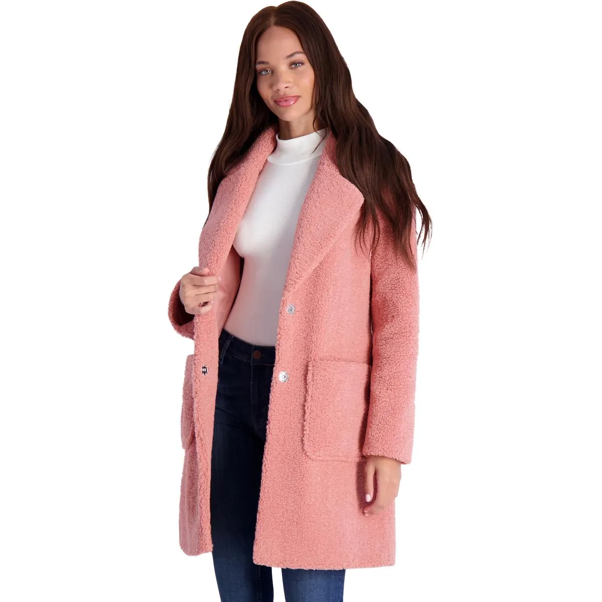 French Connection Women's Faux Shearling Teddy Lapel Midi Coat