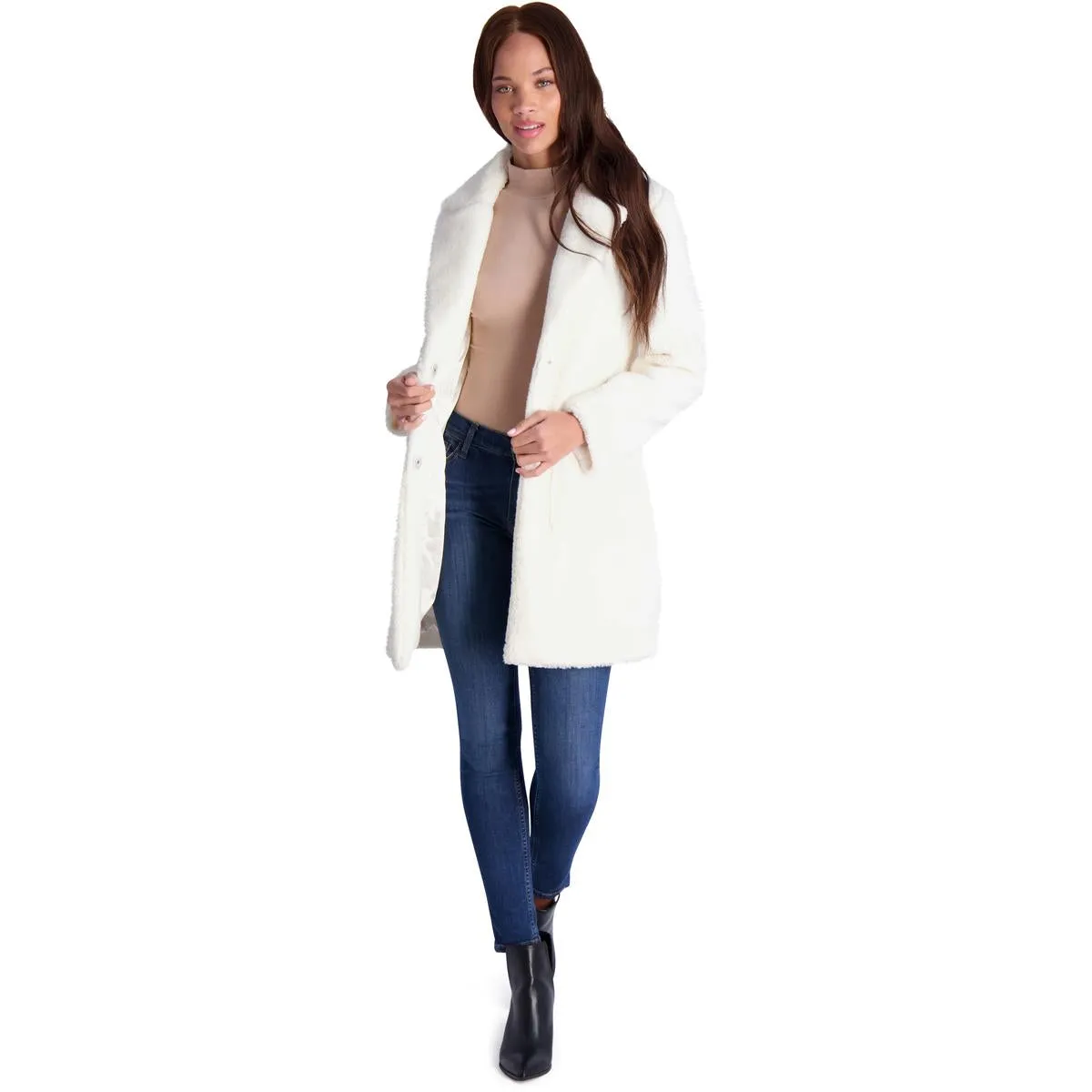 French Connection Women's Faux Shearling Teddy Lapel Midi Coat