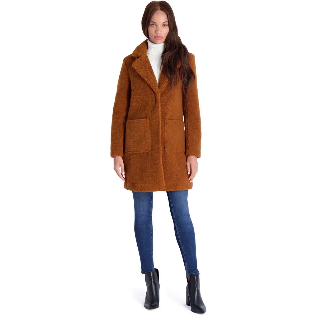 French Connection Women's Faux Shearling Teddy Lapel Midi Coat