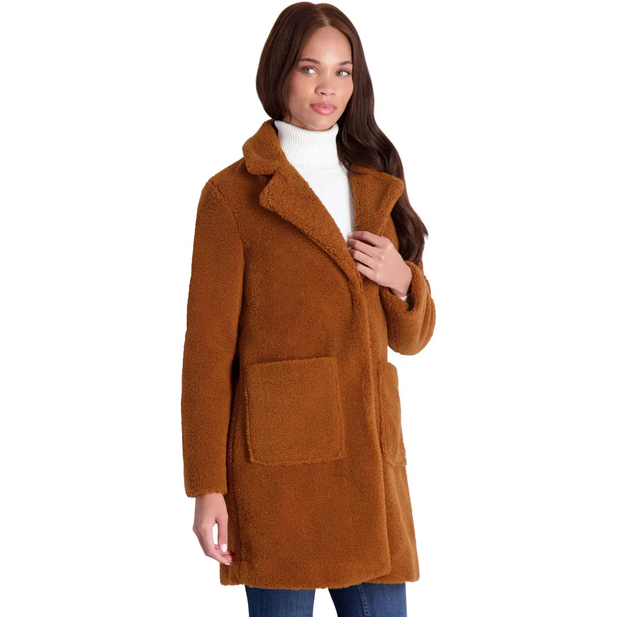 French Connection Women's Faux Shearling Teddy Lapel Midi Coat