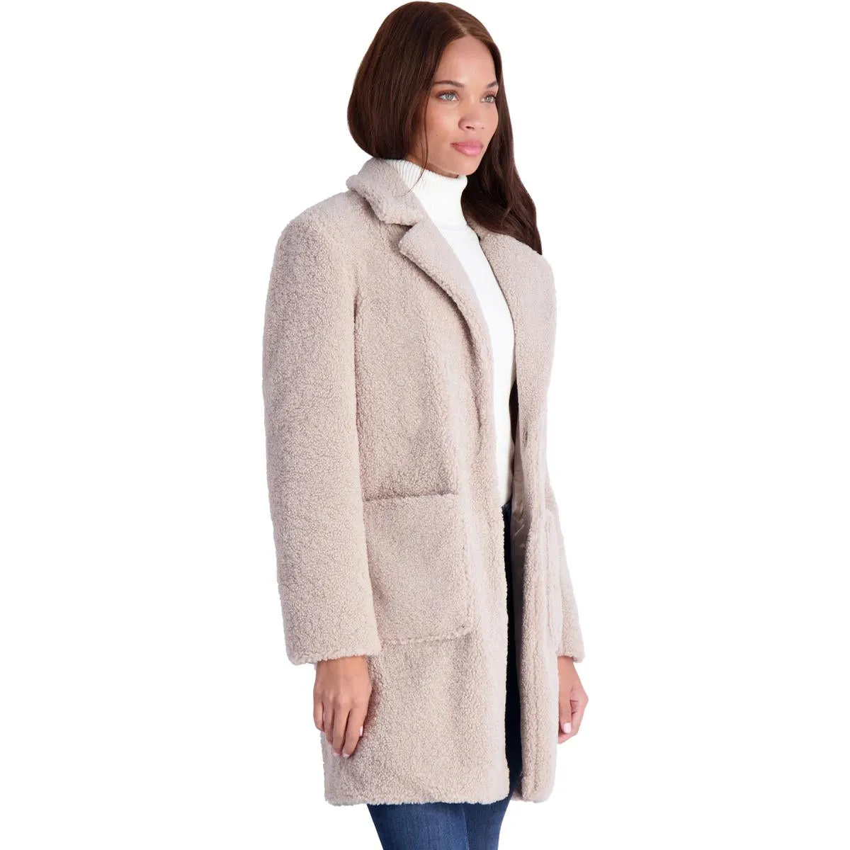 French Connection Women's Faux Shearling Teddy Lapel Midi Coat