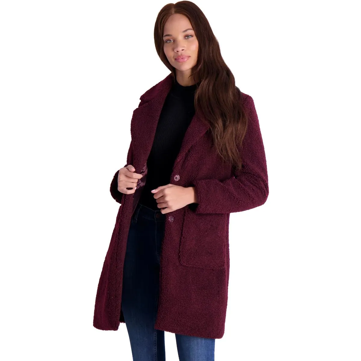 French Connection Women's Faux Shearling Teddy Lapel Midi Coat