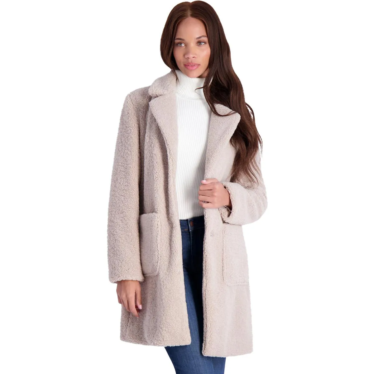 French Connection Women's Faux Shearling Teddy Lapel Midi Coat