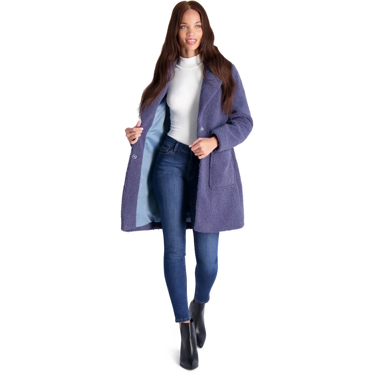 French Connection Women's Faux Shearling Teddy Lapel Midi Coat