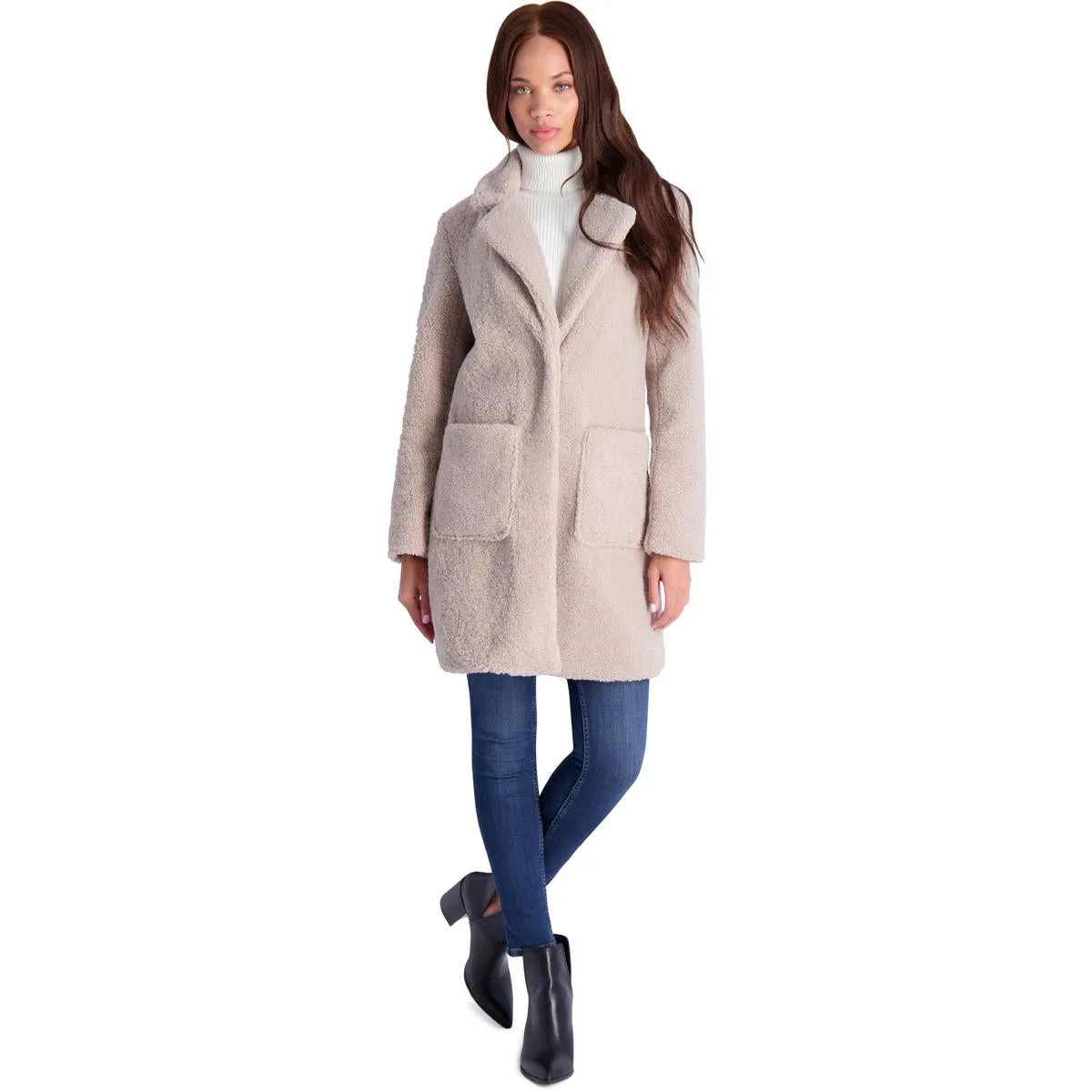 French Connection Women's Faux Shearling Teddy Lapel Midi Coat