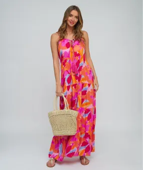 Fuchsia Tropical Print Maxi Dress with Adjustable Straps