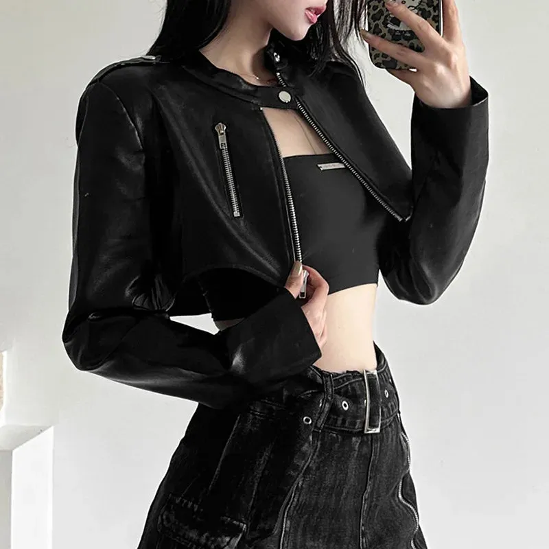 Girlary Goth Dark Zipper Cyber Gothic Y2k Crop Jackets Grunge Punk Style Faux Leather Coats Female Fashion Streetwear Irregular Hem Coat