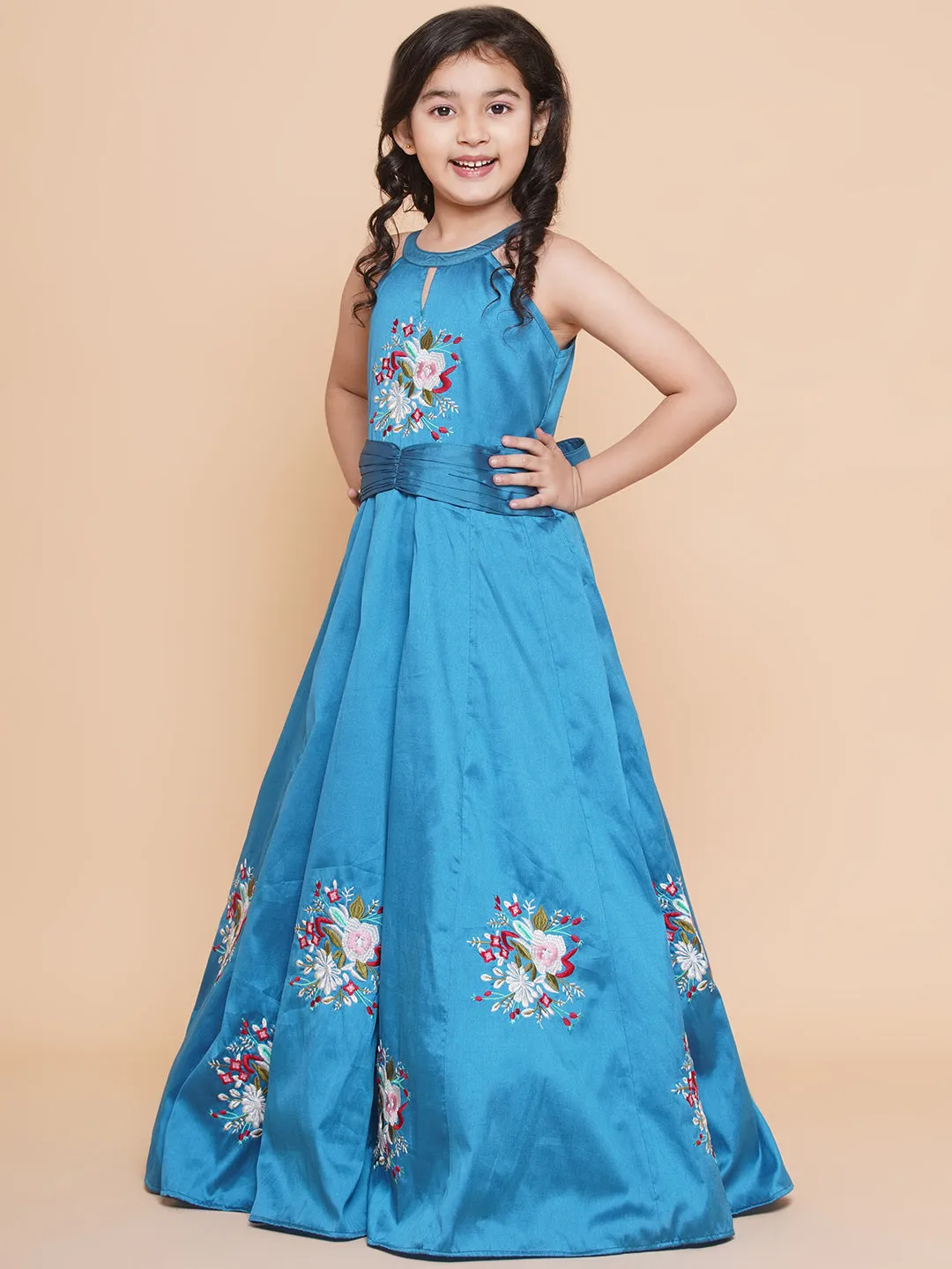 Girl's Blue Embroiderd Flower Fit & Flared Maxi Dress. - Bitiya By Bhama