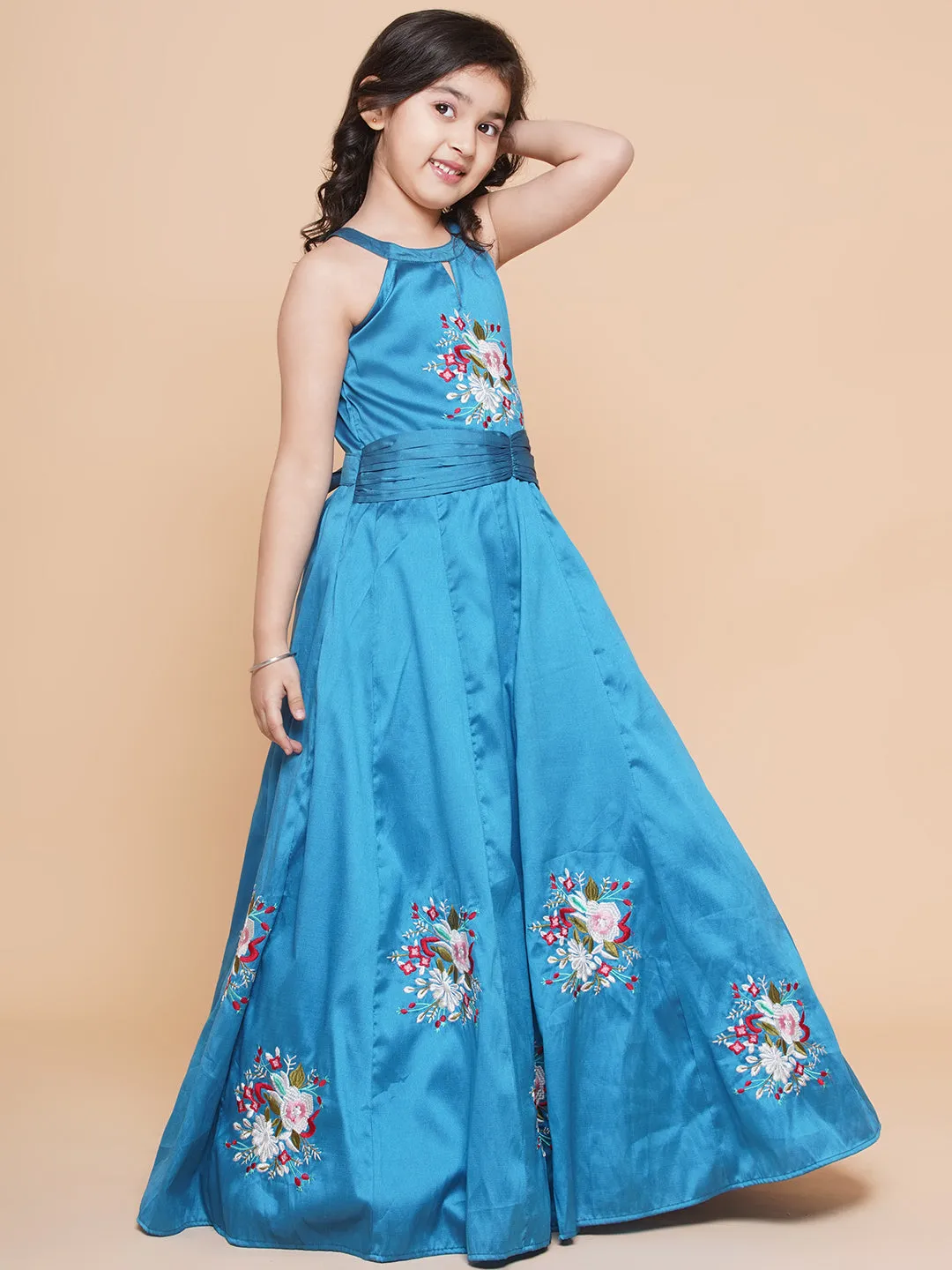 Girl's Blue Embroiderd Flower Fit & Flared Maxi Dress. - Bitiya By Bhama