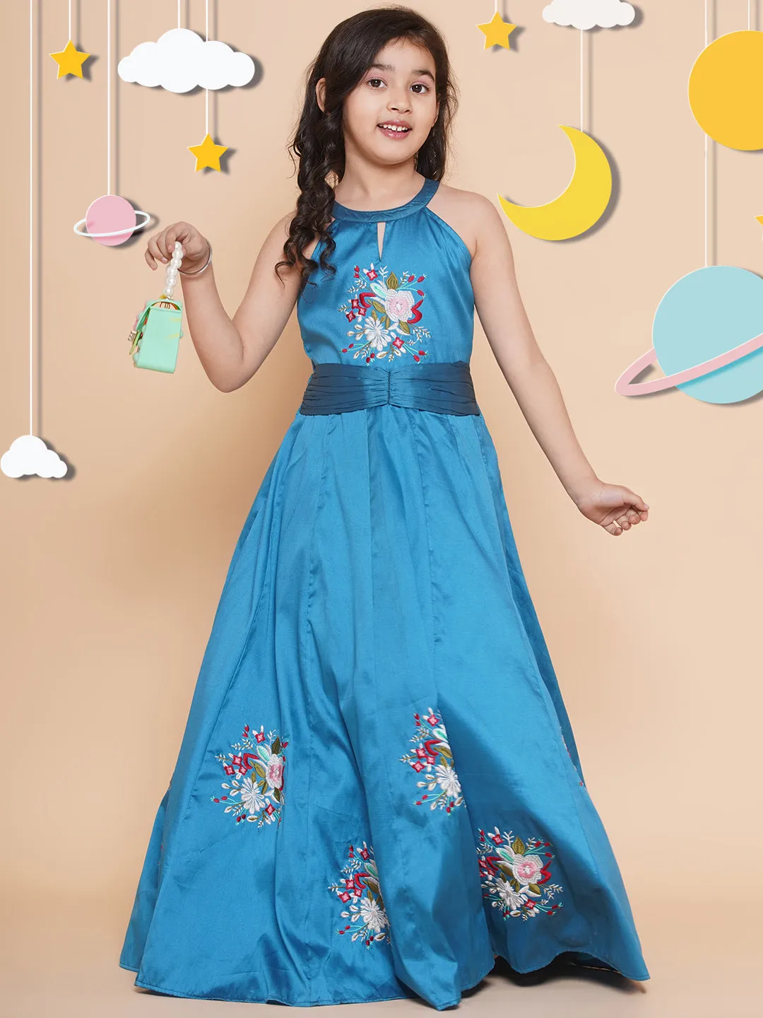 Girl's Blue Embroiderd Flower Fit & Flared Maxi Dress. - Bitiya By Bhama