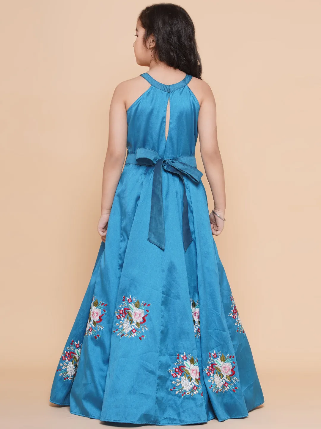 Girl's Blue Embroiderd Flower Fit & Flared Maxi Dress. - Bitiya By Bhama