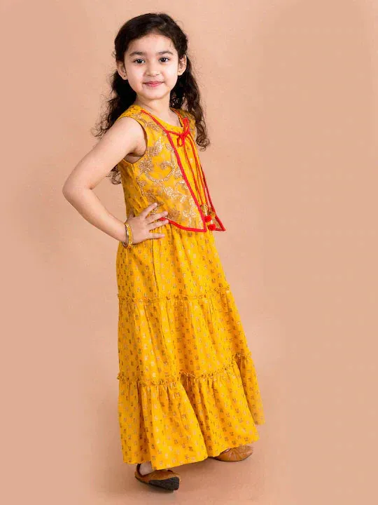 Girls Mustard Yellow Floral Printed Ethnic Maxi Dress - Ps Peaches