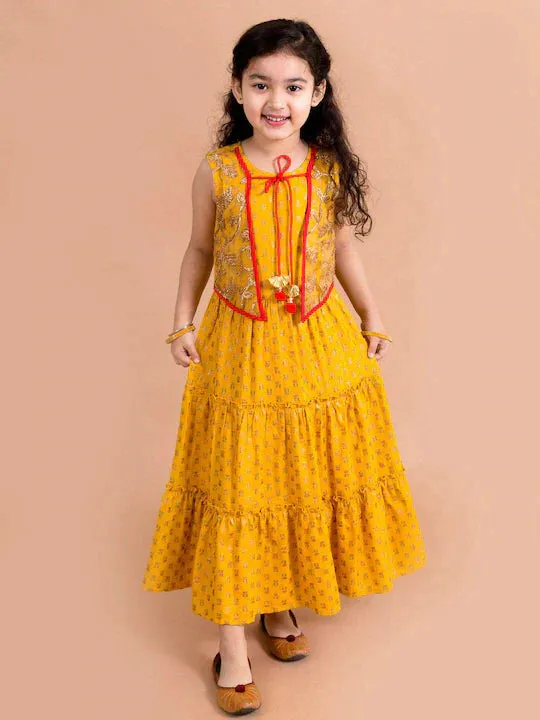 Girls Mustard Yellow Floral Printed Ethnic Maxi Dress - Ps Peaches