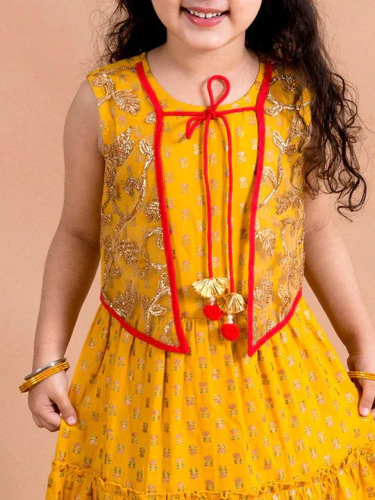 Girls Mustard Yellow Floral Printed Ethnic Maxi Dress - Ps Peaches