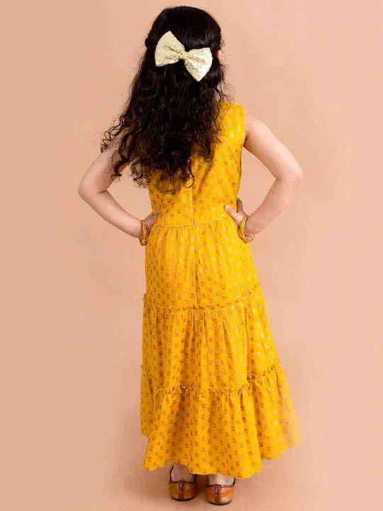 Girls Mustard Yellow Floral Printed Ethnic Maxi Dress - Ps Peaches